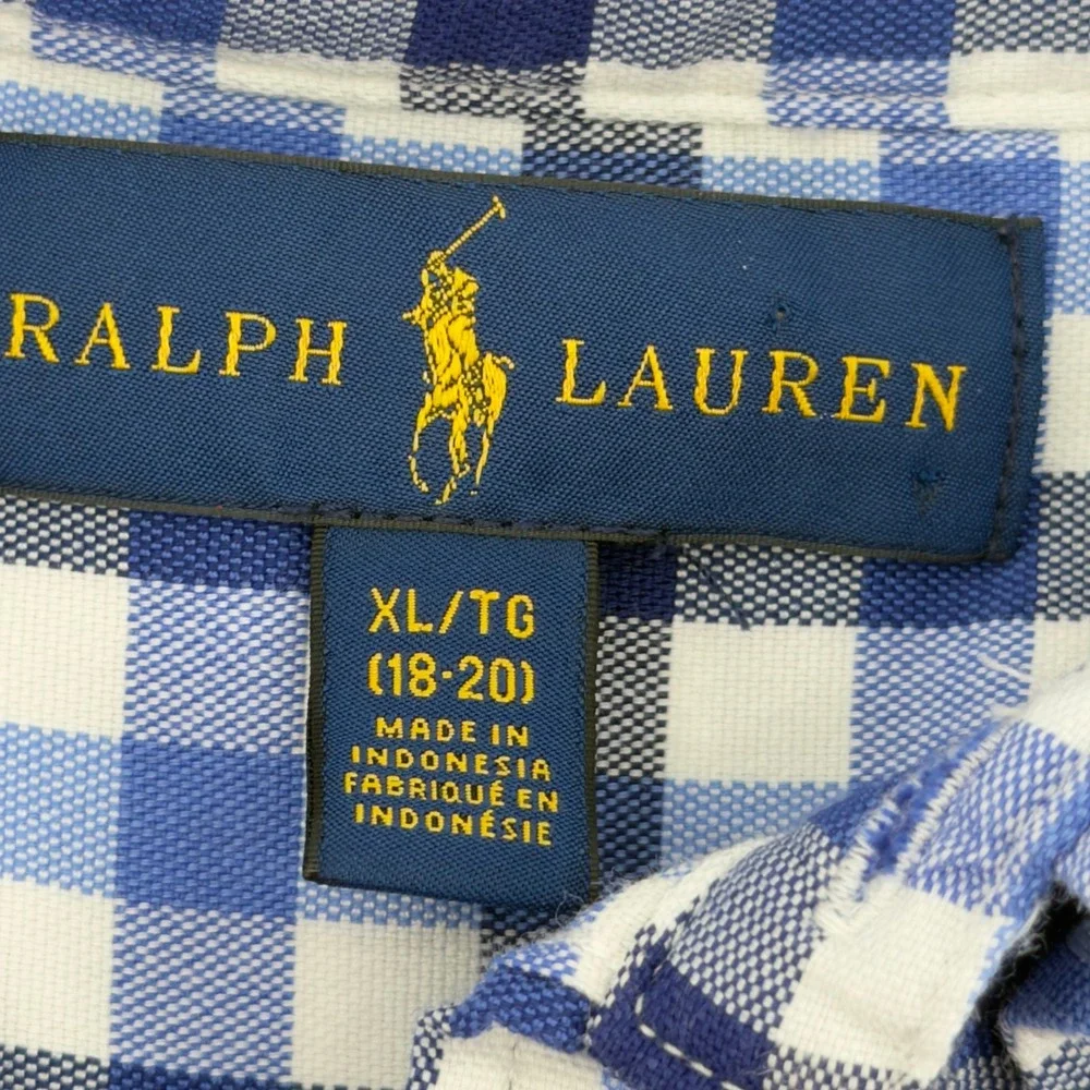 Ralph Lauren Kids Boys‎ Plaid Button Down Shirt XL Gingham Short Sleeve Blue